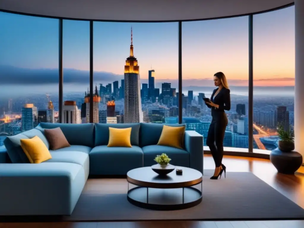 Inversionista sofisticado en sala de lujo moderna con vista nocturna de la ciudad Inversor estudia informes financieros en lujoso salón moderno con vista nocturna de la ciudad, cumpliendo regulaciones globales de financiamiento residencial
