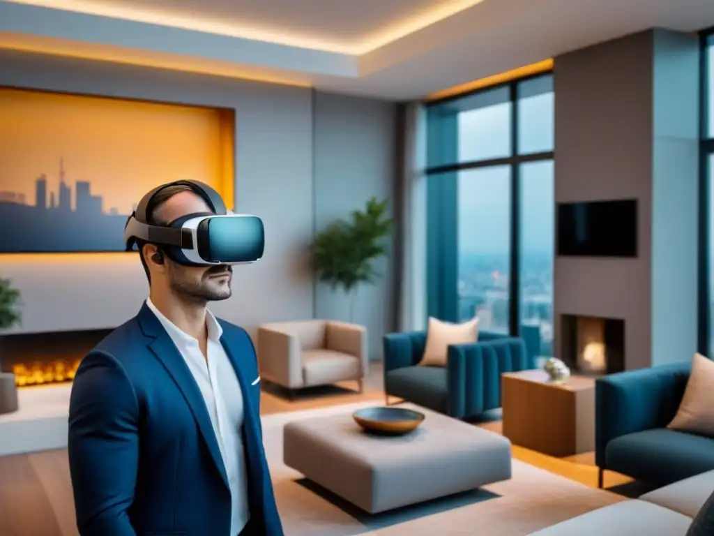 Inversor inmerso en lujo: Realidad Virtual de Propiedad de Alta Tecnología Un inversor inmobiliario usa casco de realidad virtual en propiedad de alta tecnología