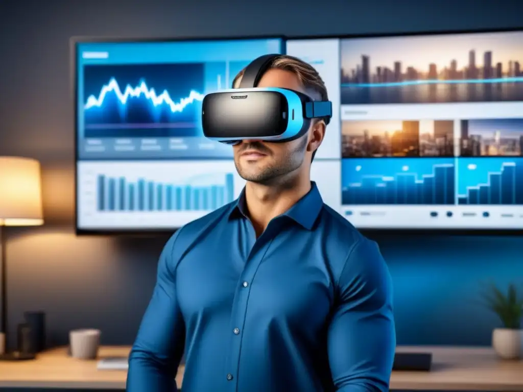 Inmersión total: Realidad virtual revoluciona inversiones inmobiliarias Un inversor inmobiliario utiliza herramientas IA para analizar tendencias del mercado en un entorno tecnológico futurista