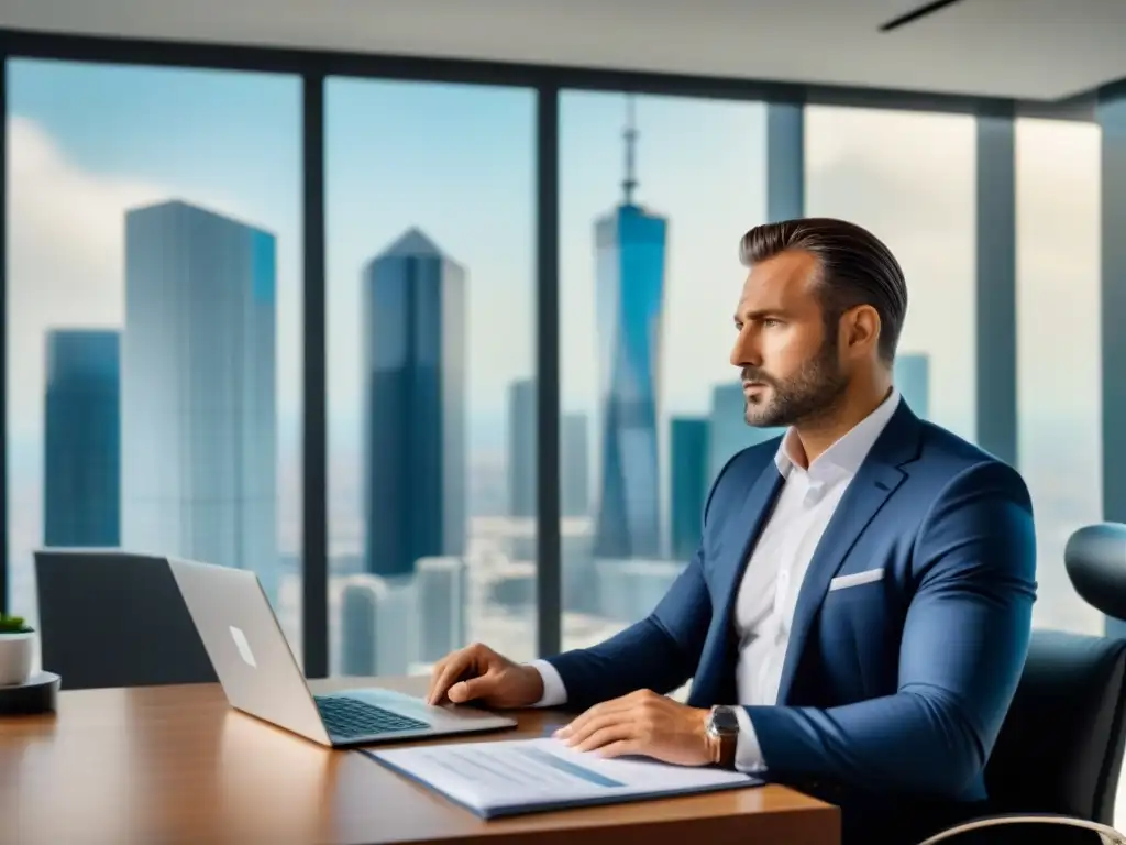 Inversor experto en timeshare: oficina moderna con vista panorámica Un inversor resuelve leyes de tiempo compartido con determinación en su moderna oficina con vista a la ciudad