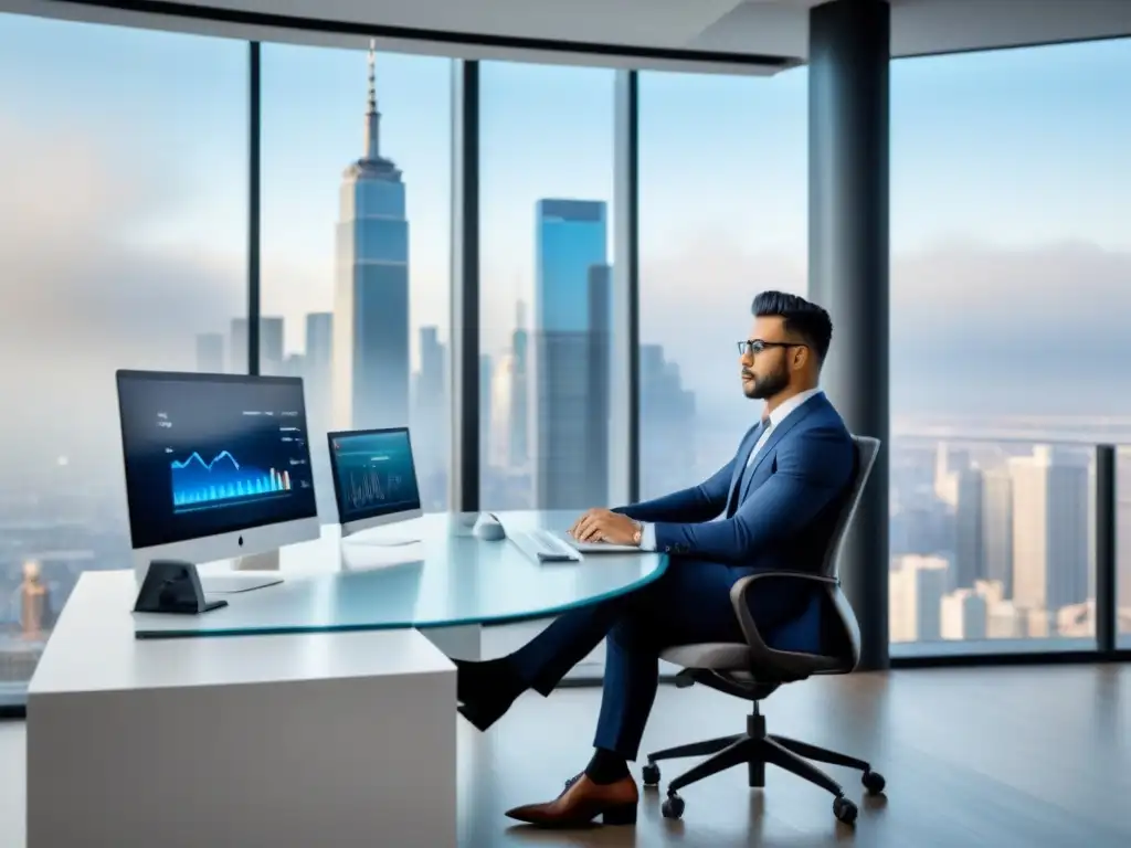 Inversor analizando datos inmobiliarios en oficina moderna Un inversor analiza propiedades exclusivas para inversionistas globales en oficina moderna con vista a la ciudad