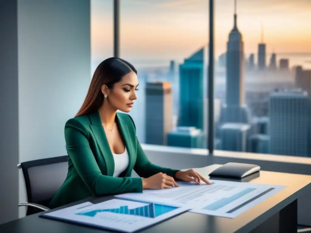 Inversora inmobiliaria: análisis experto en oficina moderna Una inversora inmobiliaria moderna analiza planos y documentos financieros en su oficina minimalista