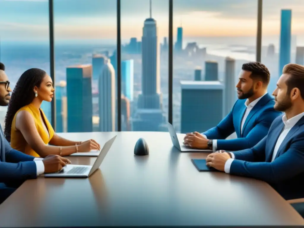 Inversores inmobiliarios diversificados en reunión estratégica 8k Inversores en bienes raíces Norteamérica dialogan en moderna oficina con vista a la ciudad