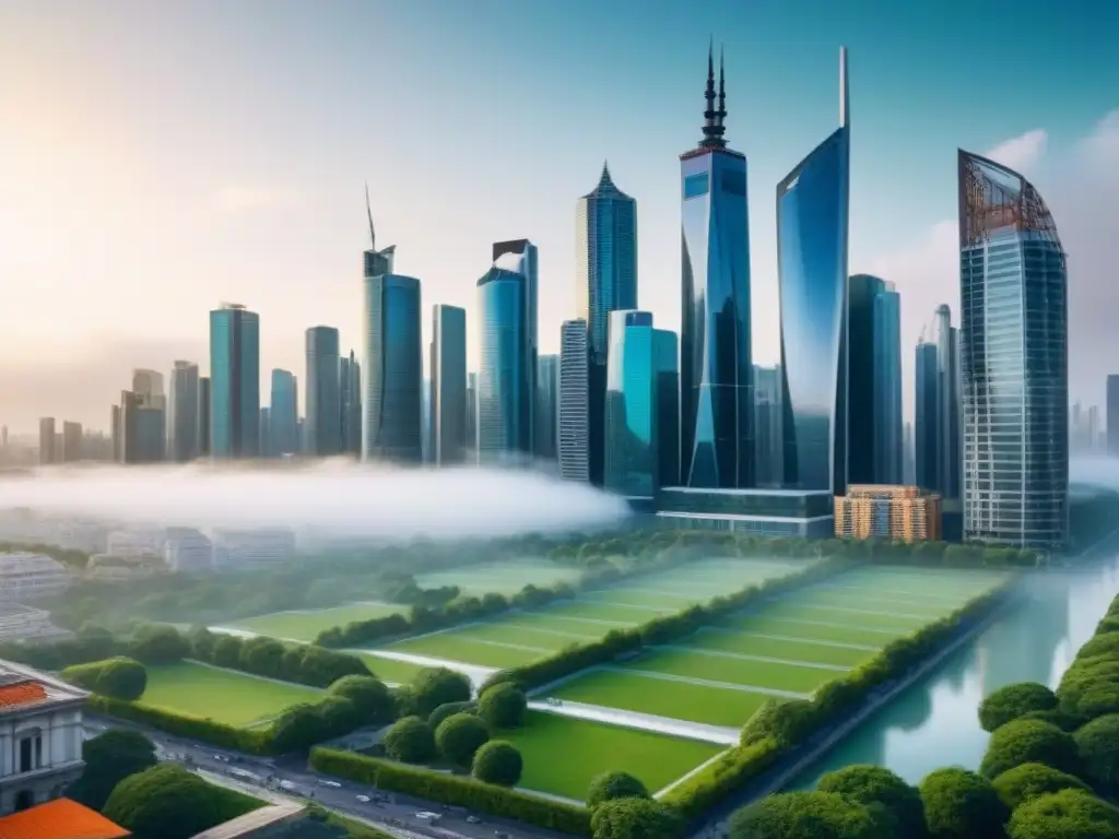 Inversores globales en metrópolis dinámica Inversores discutiendo en bulliciosa ciudad con rascacielos y espacios verdes, simbolizando la urbanización descontrolada en inversión inmobiliaria