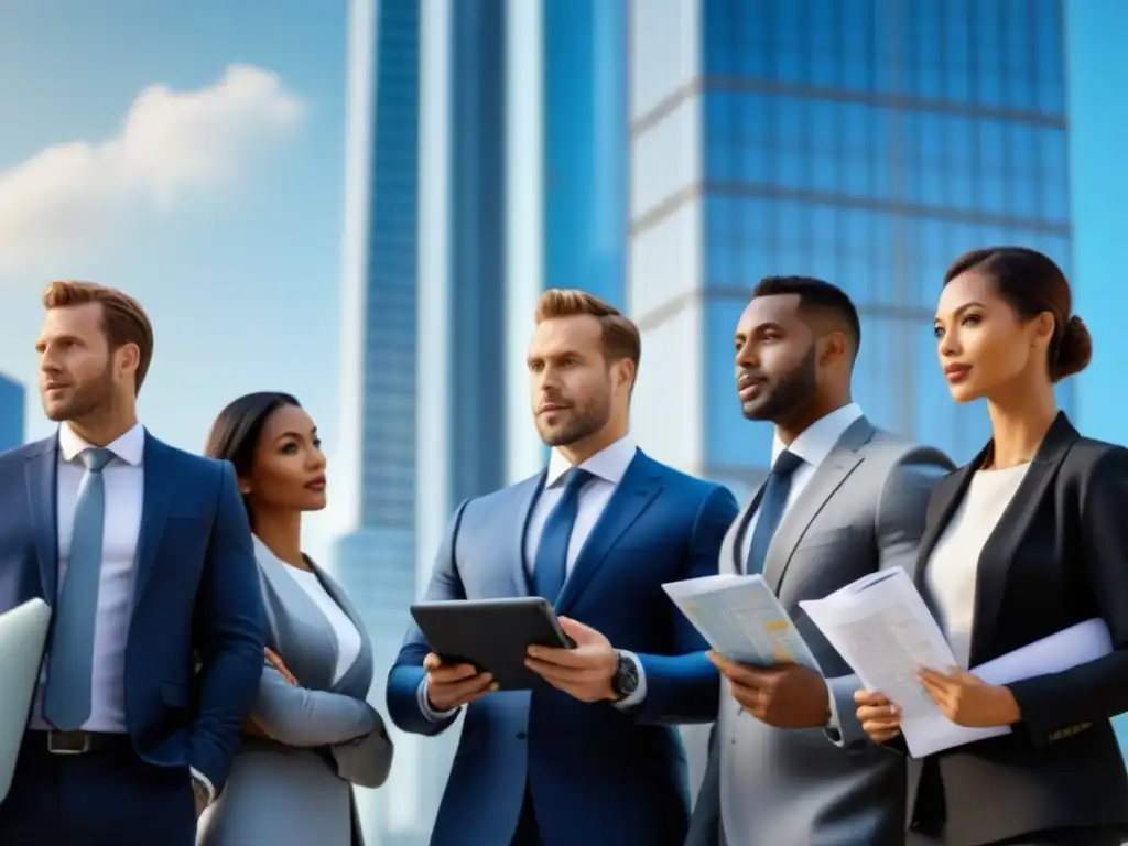Inversionistas globales en moderna ciudad postcrisis Inversores confiados discuten estrategias frente a rascacielos global, destacando oportunidades de Invertir en bienes raíces internacionales