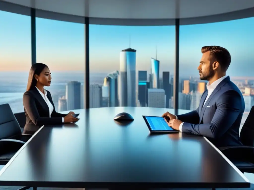 Inversionistas analizando datos financieros en oficina moderna Inversores en crisis analizan datos financieros en moderna oficina con vista a la ciudad