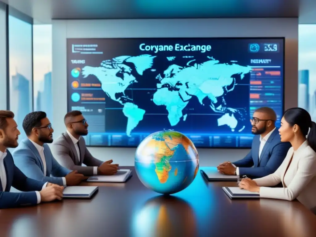 Inversionistas globales analizan oportunidades con monedas locales Inversores de diversas culturas discuten frente a un globo holográfico con tasas de cambio