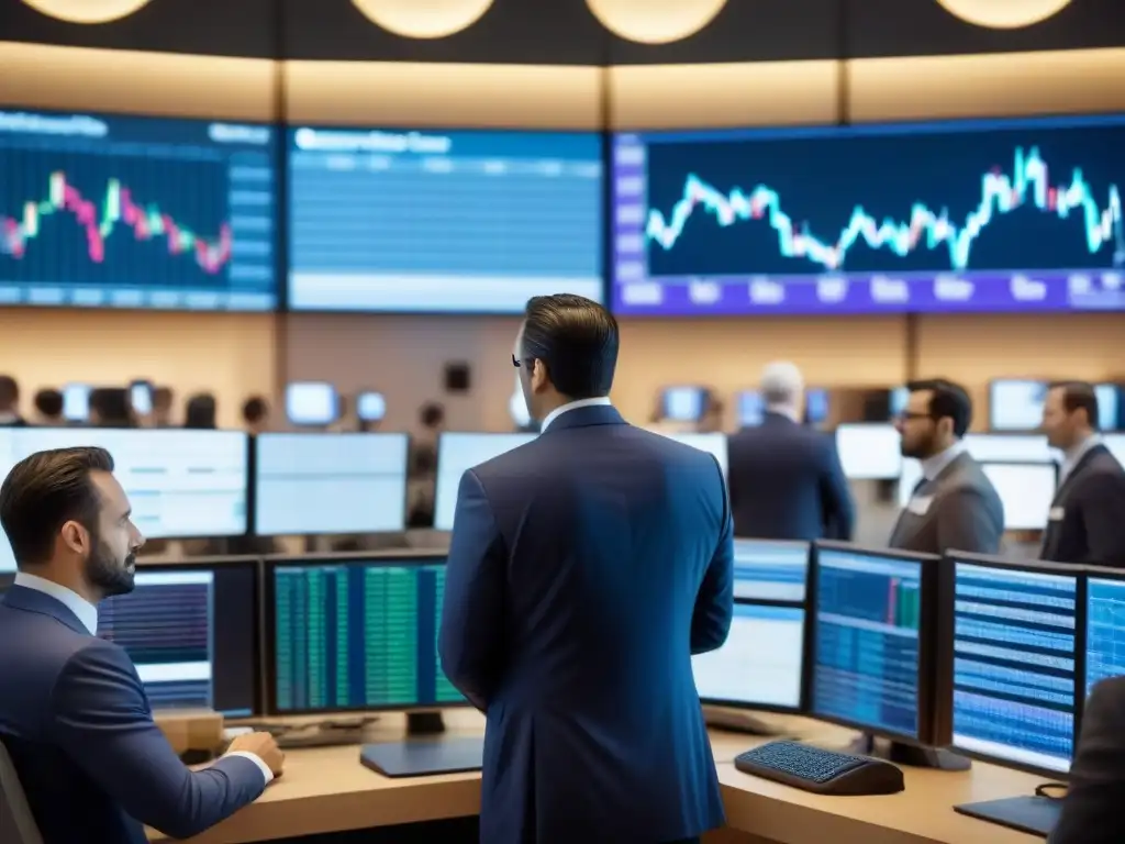 Mercado bursátil vibrante: inversores analizan datos en tiempo real Inversores analizan datos en la bolsa, reflejando el impacto de fusiones en el mercado inmobiliario internacional