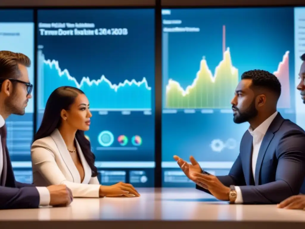 Inversores analizan datos financieros en sala futurista Inversores analizan datos financieros en sala futurista, discutiendo factores que afectan ROI en tiempo compartido internacional
