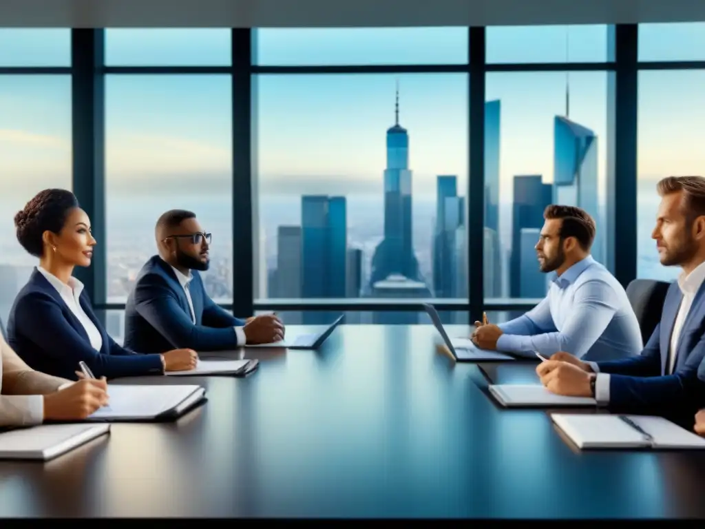Inversionistas profesionales en sala de reuniones moderna Inversores analizan datos en moderno salón con vista urbana, reflejando profesionalismo y estrategia