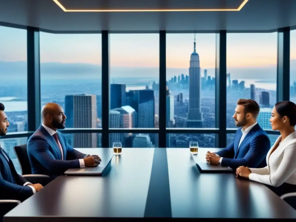 Inversores analizando tendencias de mercado en moderna sala de reuniones Inversores analizan datos en sala reuniones con vista a ciudad, simbolizando dinamismo mercado inmobiliario internacional