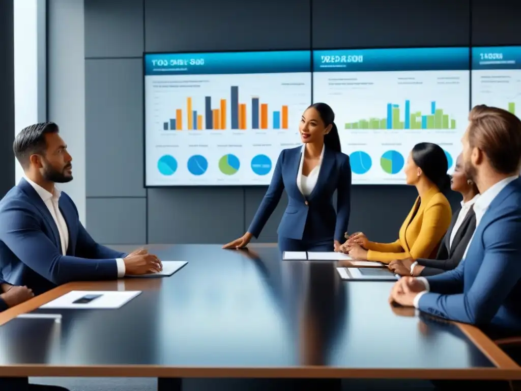 Inversores de todo el mundo en reunión estratégica - Imagen 8k Inversores diversificados discuten estrategias en moderna sala de juntas, proyectando gráficos