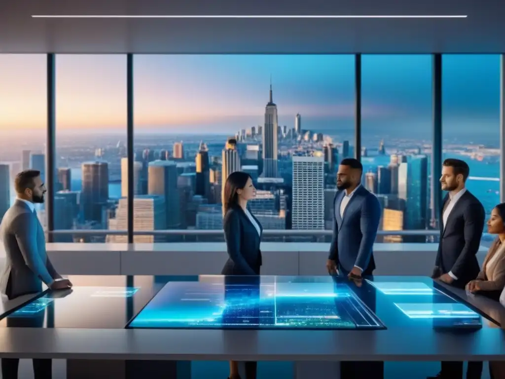 Inversores globales exploran futuras oportunidades inmobiliarias Inversores diversos en oficina moderna con pantalla holográfica de crowdfunding inmobiliario internacional estrategias avanzadas