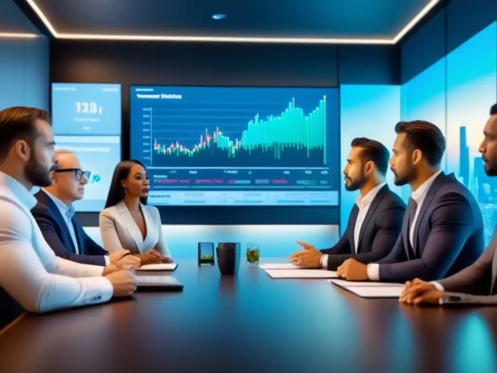 Inversores estratégicos analizan dividendos internacionales de REIT en ambiente futurista Inversores debatiendo sobre dividendos de REITs internacionales 2021 en sala futurista