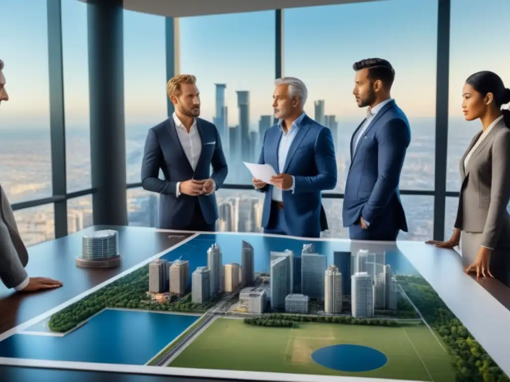 Inversores analizan estrategias inmobiliarias en sala de juntas futurista Inversores de todas las edades analizan estrategias inmobiliarias en una sala moderna con vista panorámica a la ciudad