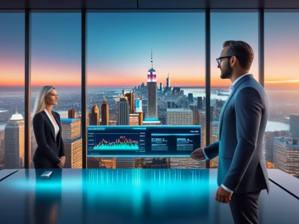 Inversores diversificados analizan mercados inmobiliarios globales Inversores de todas las edades frente a pantalla holográfica en moderna sala de juntas, conectados globalmente