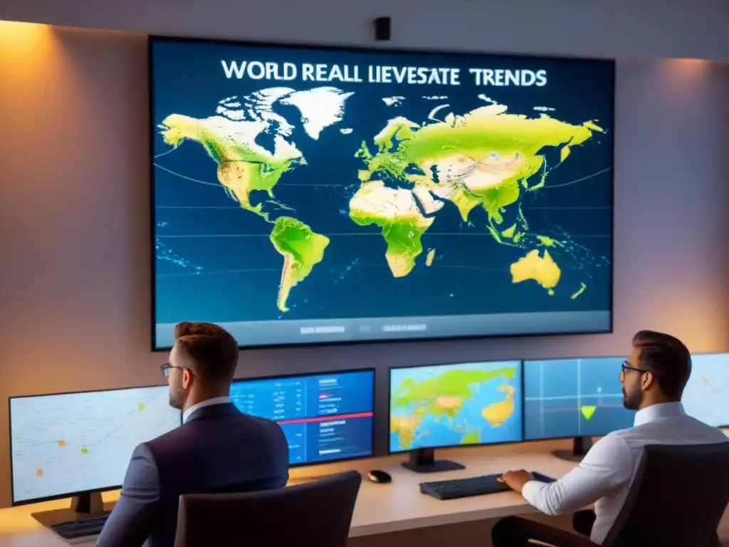 Inversores globales analizan mercado inmobiliario en sala sofisticada Inversores enfocados en estudiar tendencias del mercado inmobiliario global con regulaciones propiedad extranjera inversiones inmobiliarias