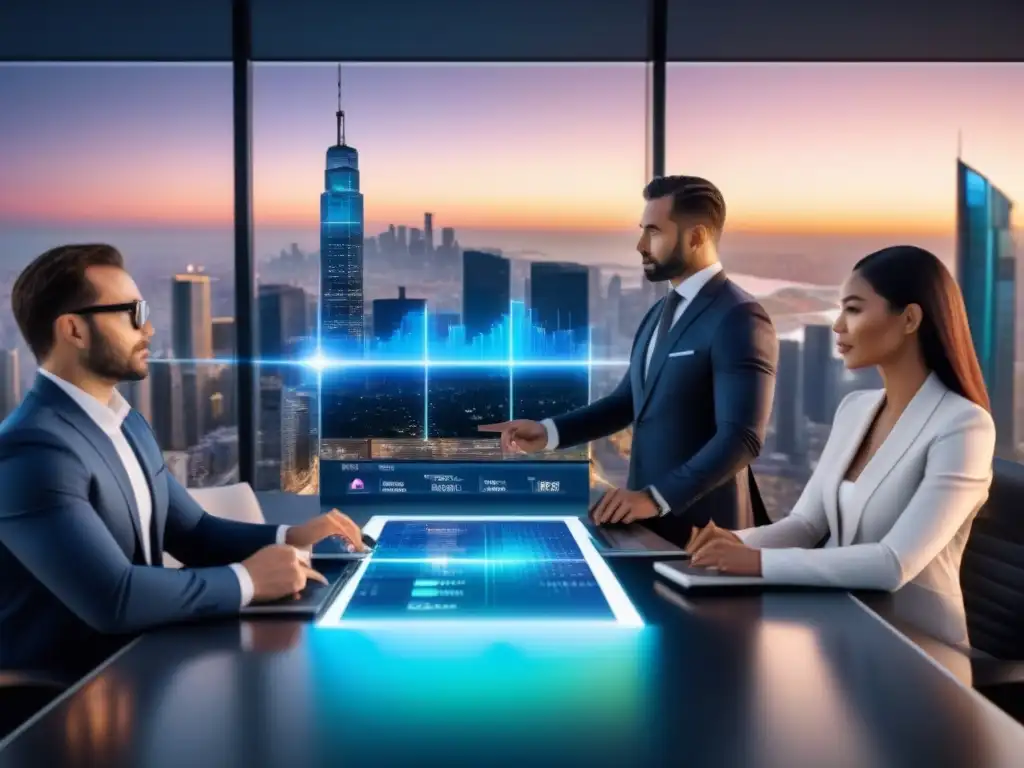 Inversores analizan tendencias globales en bienes raíces Inversores colaboran en estrategias de inversión inmobiliaria internacional en moderna sala de juntas al atardecer