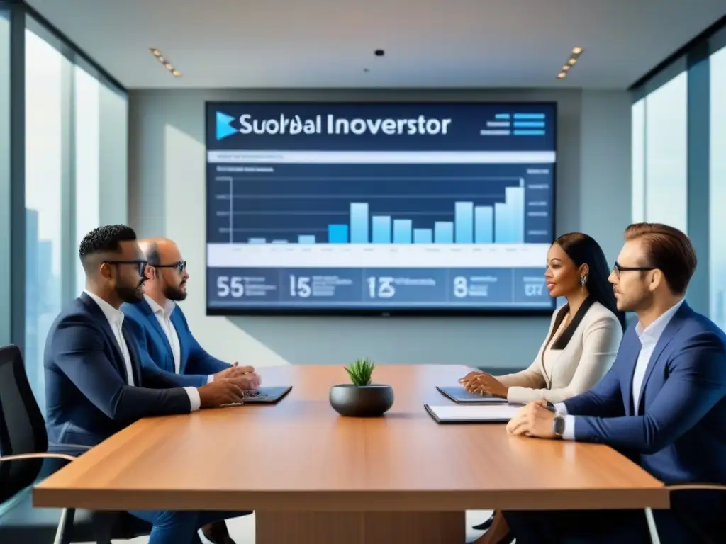 Inversores globales exitosos en reunión estratégica Inversores exitosos de mercado inmobiliario discuten estrategias globales en moderna sala de juntas