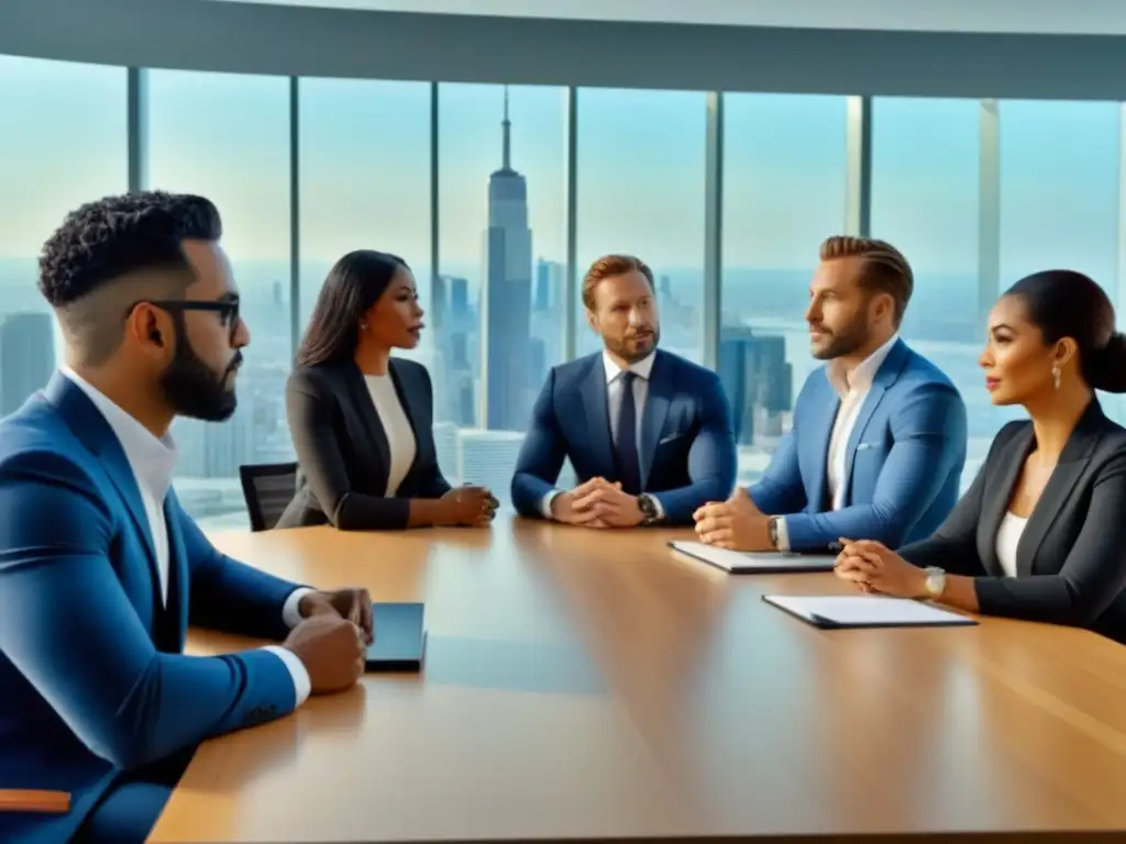 Inversores inmobiliarios exitosos en reunión internacional de alto detalle Inversores exitosos del mercado inmobiliario reunidos en una moderna oficina con vista a la ciudad, discutiendo ideas innovadoras