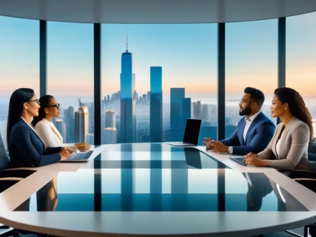 Inversores exitosos en PropTech en mesa futurista Inversores PropTech exitosos discuten en una oficina futurista con datos inmobiliarios en pantallas digitales