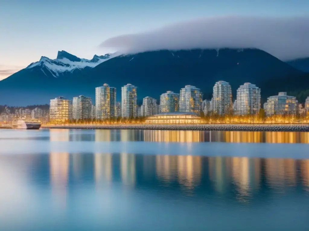 Condominio de lujo en Vancouver: vida urbana y naturaleza Inversores extranjeros en el mercado inmobiliario de Canadá: Edificio de lujo en Vancouver con vistas a la ciudad y montañas nevadas