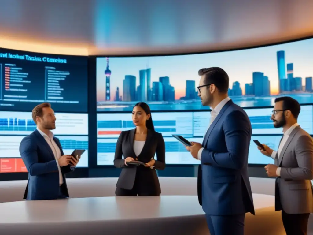 Inversores internacionales analizan regulaciones fiscales y mercado inmobiliario en escena futurista Inversores discuten regulación fiscal inmobiliaria internacional en sala futurista con vista urbana al atardecer
