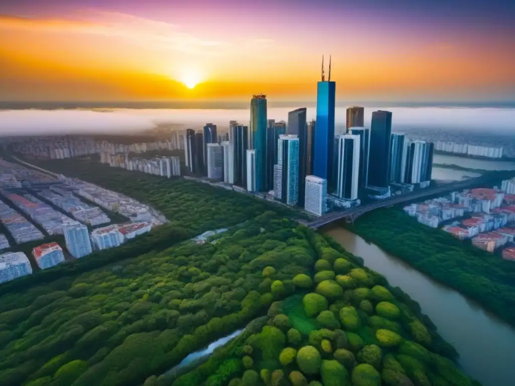 Metrópolis Latina: skyline moderno y vibrante para invertir en bienes raíces Inversores globales en bienes raíces: vista aérea de una ciudad latina con rascacielos modernos y arquitectura histórica, rodeada de vegetación exuberante y un río vibrante