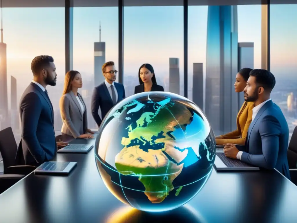 Inversores globales analizan mercado inmobiliario y divisas en sala de juntas futurista Inversores globales protegen cartera inmobiliaria ante fluctuaciones cambiarias en moderna sala de juntas futurista