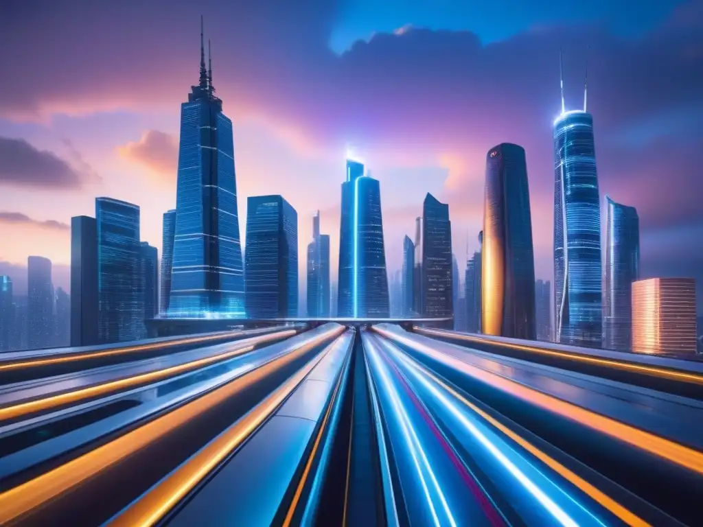 Metrópolis futurista: ciudad nocturna en 8k Inversores globales en ciudades postindustriales: Vista de futurista ciudad nocturna con rascacielos iluminados y transporte innovador