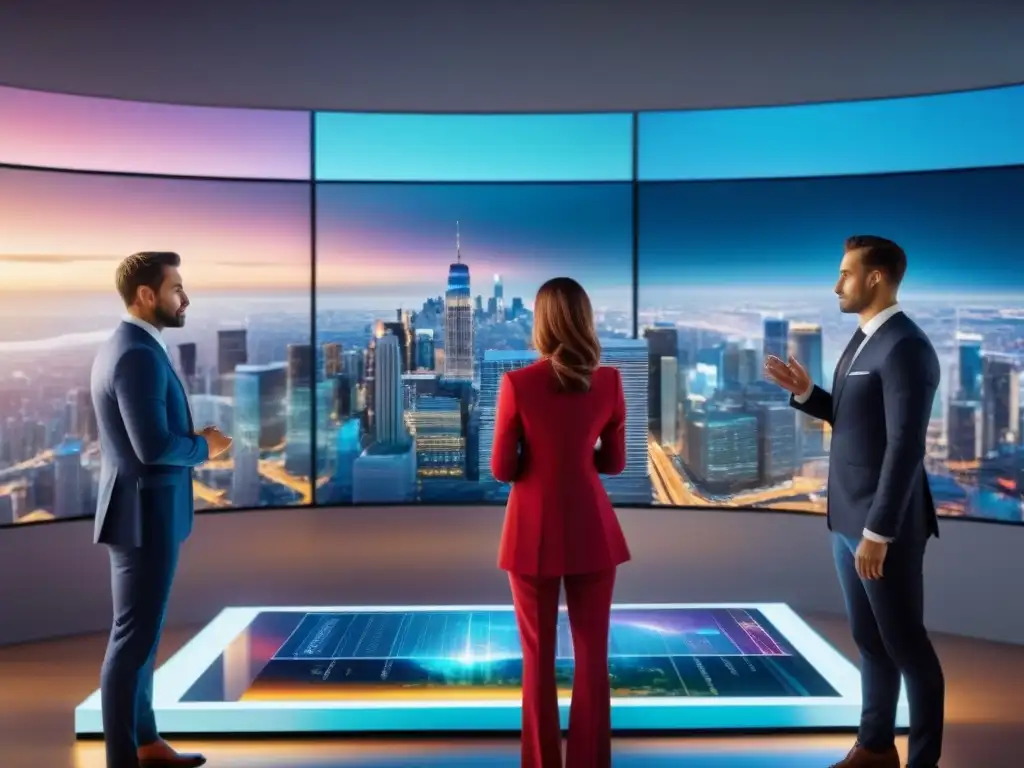 Inversores globales analizan mercado inmobiliario en holograma Inversores globales discuten datos del mercado inmobiliario en holograma, prevención fraude