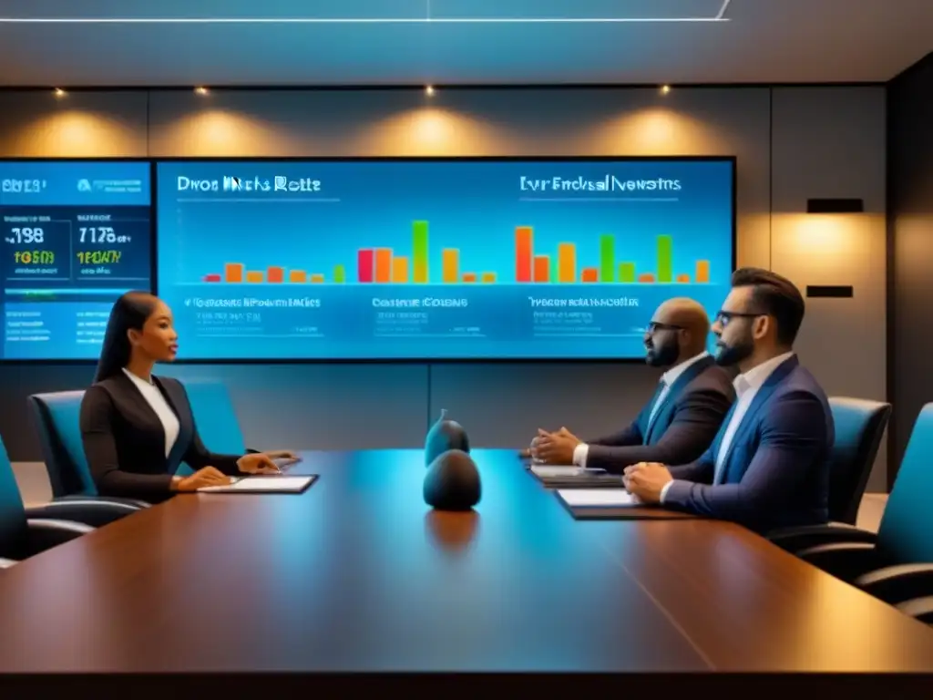 Inversores globales en sala de juntas: ética en inversión inmobiliaria Inversores globales diversificados discuten en sala de juntas moderna con datos de mercado proyectados