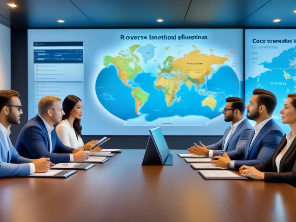 Inversores globales debaten estrategias inmobiliarias internacionales Inversores globales discuten estrategias de financiamiento de propiedades extranjeras en una oficina sofisticada