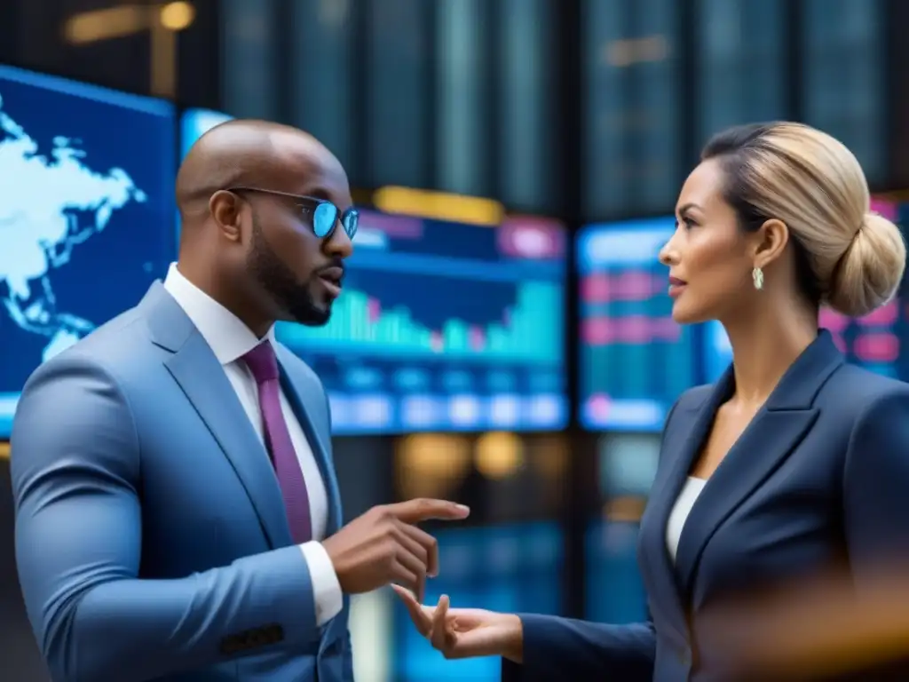 Inversionistas globales analizan estrategias financieras Inversores globales discuten estrategias financieras rodeados de pantallas digitales