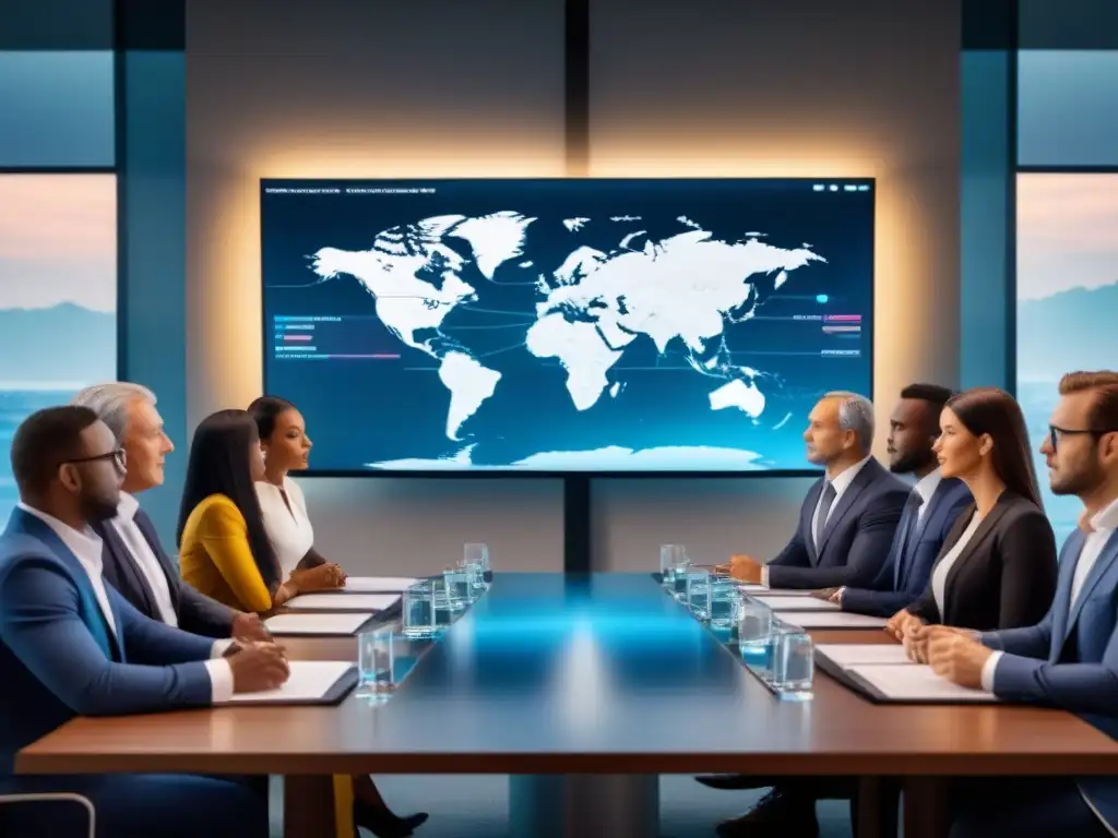 Inversores globales en sala de juntas: estrategias financieras Inversores globales discuten estrategias financieras en sala de juntas moderna