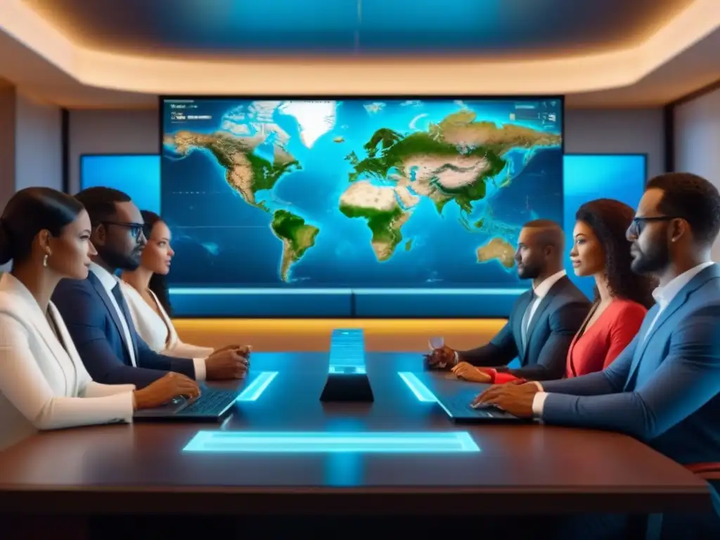 Inversores globales innovadores en reunión virtual holográfica Inversores globales de diversas etnias y géneros usan tecnología holográfica para evaluar créditos internacionalmente