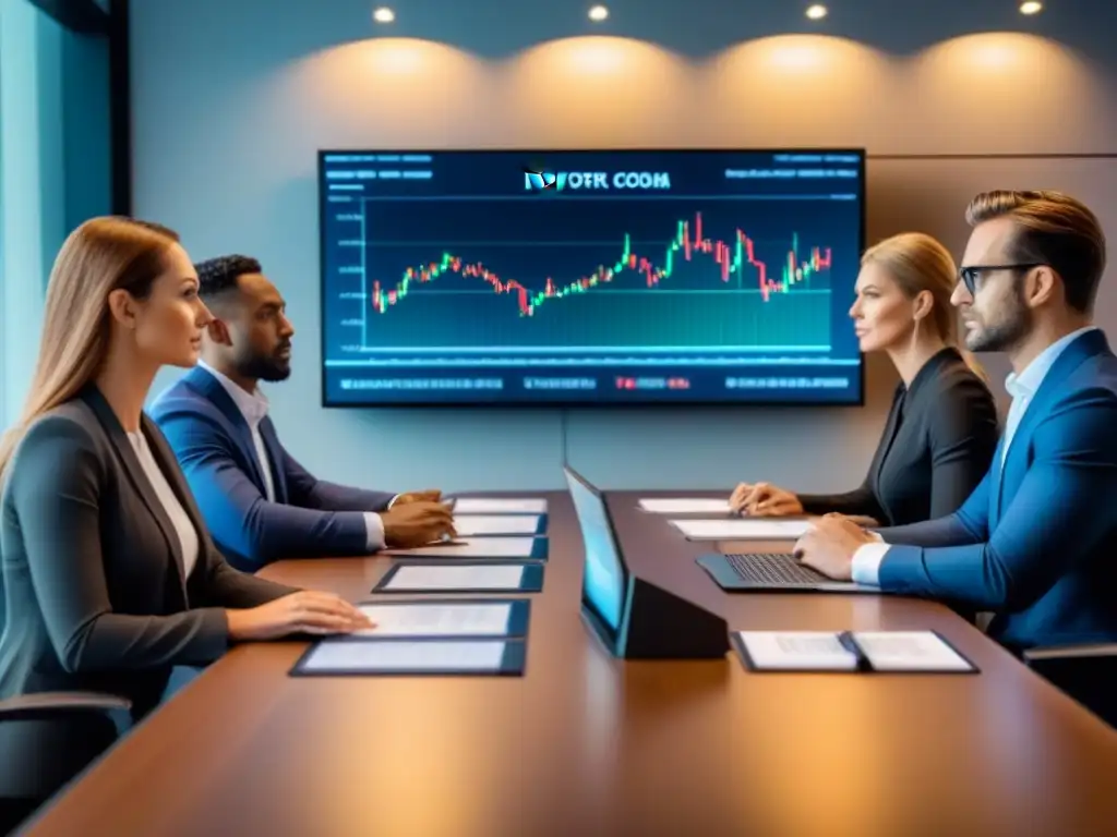 Inversores globales analizan oportunidades de crecimiento en moderna sala de juntas Inversores globales revisando informes financieros en una sala de juntas moderna y elegante