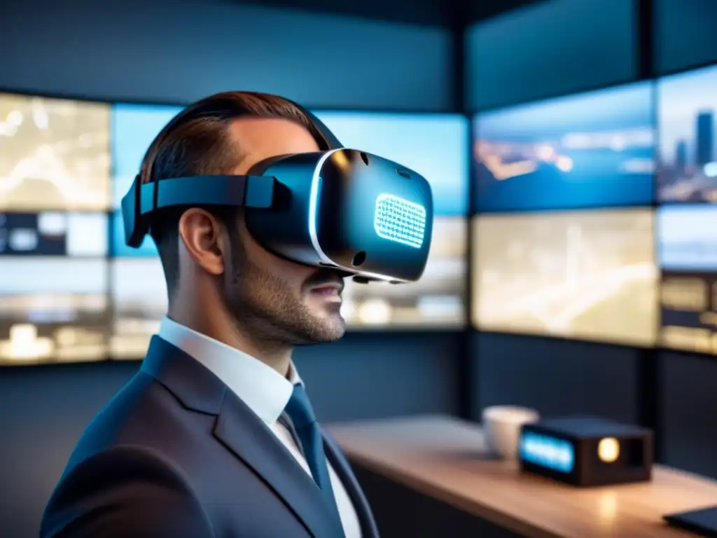 Inversores globales exploran propiedades en realidad virtual Inversores globales realizan due diligence inmobiliaria con tecnología en una oficina futurista