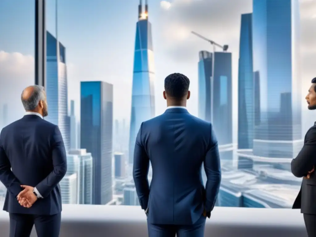 Inversores globales en debate frente a skyline futurista Inversores globales en intensas discusiones frente a un horizonte futurista, mostrando datos del mercado inmobiliario internacional