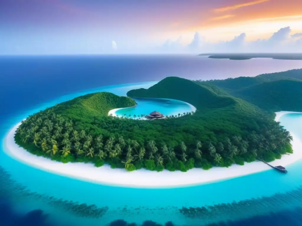Paraíso tropical: isla privada de lujo con villas y playas idílicas Inversores globales se maravillan con isla privada de lujo: villas, playas y palmeras junto al mar turquesa al atardecer