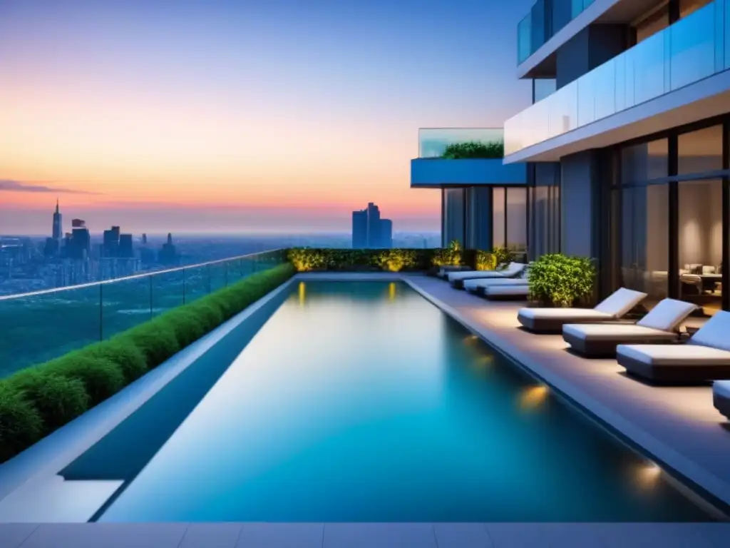 Edificio de lujo con vistas al atardecer en la ciudad Inversores globales disfrutan de lujoso condominio en ciudad, con piscina en terraza y atardecer reflejado en ventanas de cristal
