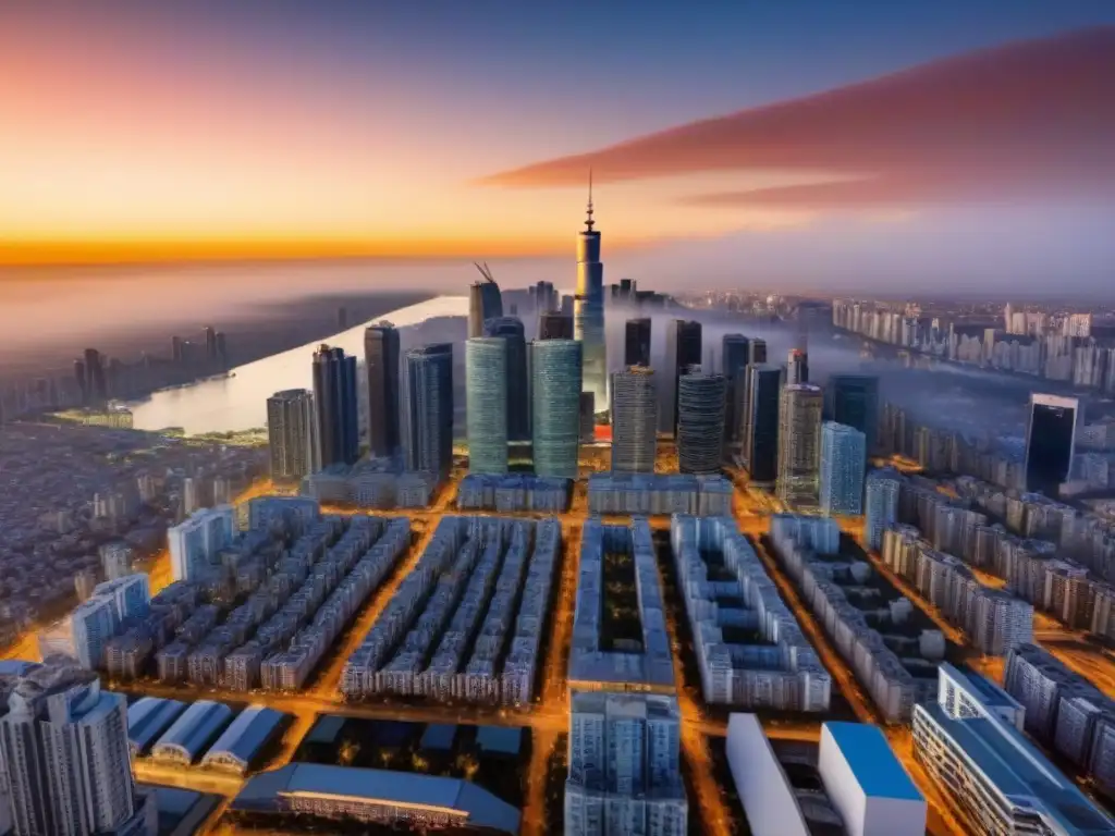 Contraste urbano al atardecer: influencia global en vivienda asequible Inversores globales moldean mercado vivienda asequible con luces y sombras en ciudad al atardecer