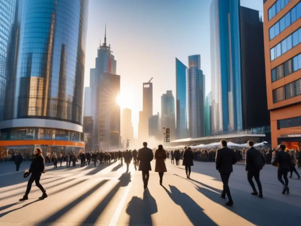 Vibrante ciudad multicultural bajo el sol Inversores globales mercado vivienda asequible: Una ciudad bulliciosa con rascacielos modernos y gente variada paseando en un día soleado