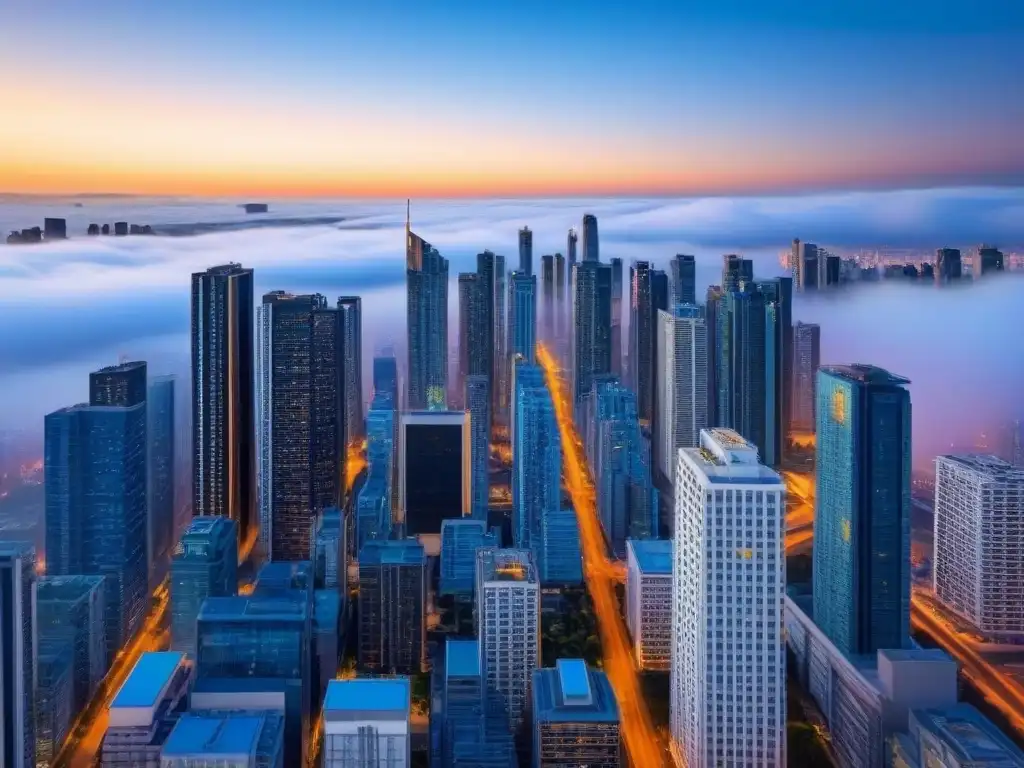 Horizonte urbano moderno: crecimiento y desarrollo inmobiliario Inversores globales mercado vivienda asequible: Ciudad moderna con rascacielos en un cielo azul, reflejo de crecimiento urbano
