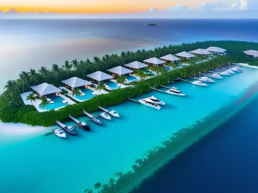 Paraíso exclusivo: isla privada de lujo al atardecer Inversores globales encuentran oportunidades en isla privada con villas lujosas y marina exclusiva al atardecer