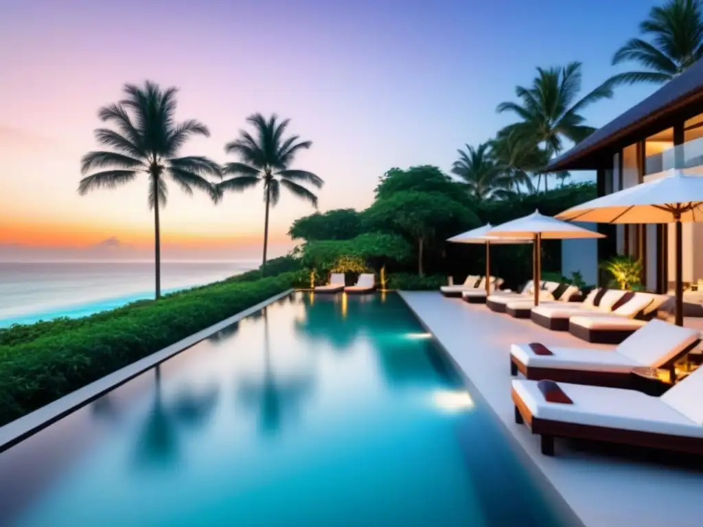 Resort de lujo frente al mar: atardecer exclusivo en paraíso tropical Inversores globales: resort de lujo en playa con piscinas infinitas y jardines tropicales al atardecer