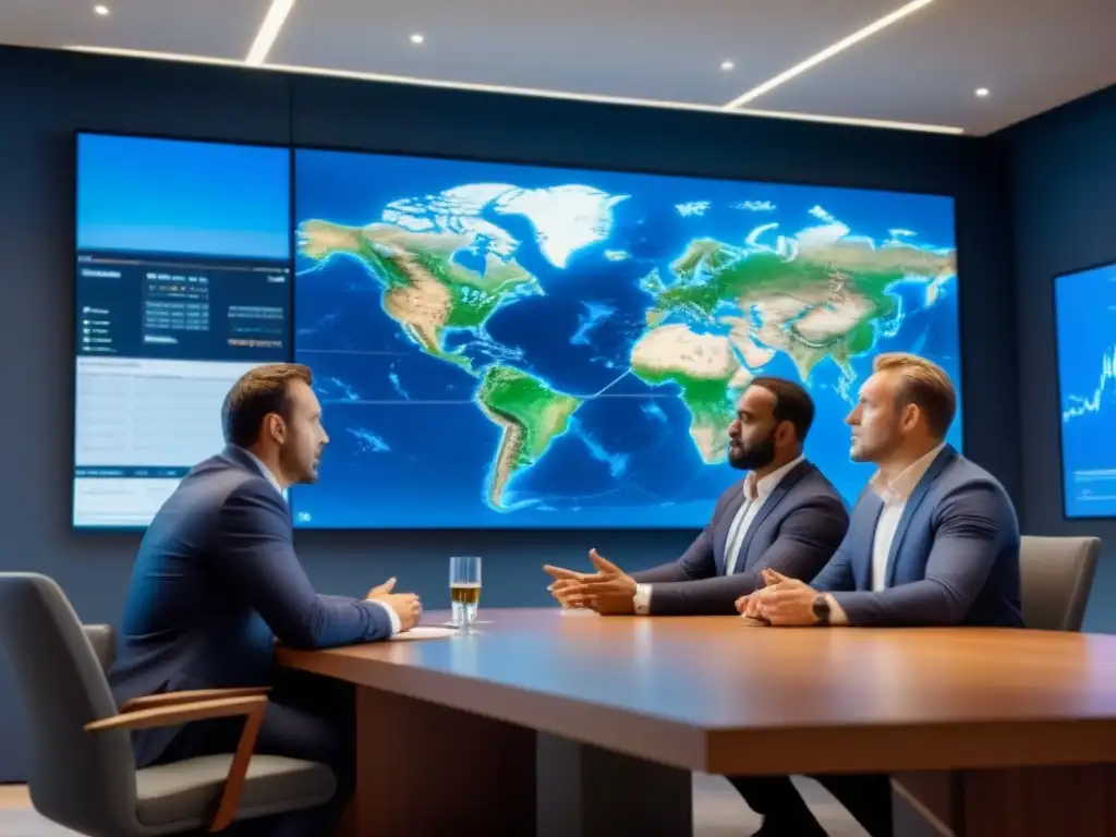 Inversores globales en sala de reuniones ultradetallada Inversores globales en sala de juntas moderna, analizando estrategias de Compliance en mercado inmobiliario internacional