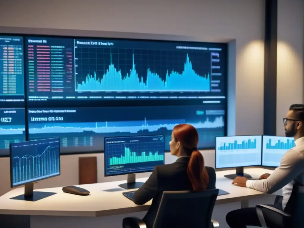 Inversores analizan datos de REITs en oficina hightech Inversores analizan gráficos financieros en oficina hightech