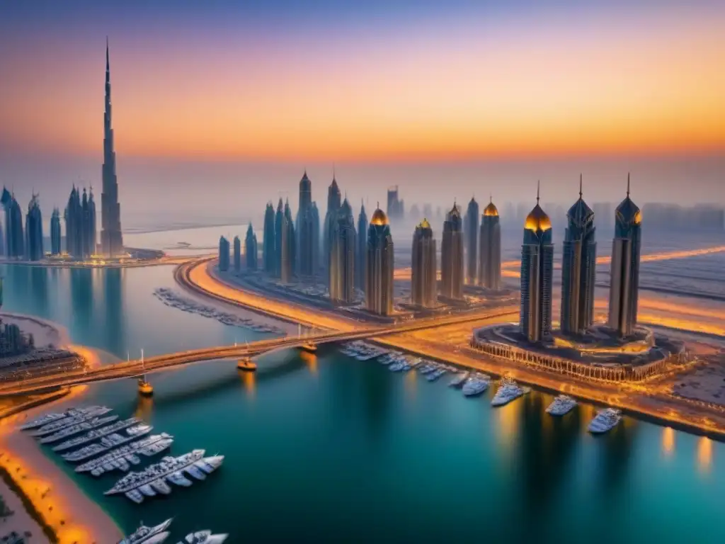 Oportunidades inmobiliarias en Dubai: atardecer dorado entre rascacielos Inversores contemplando el horizonte dorado de Dubai, reflejando las regulaciones alquiler Oriente Medio