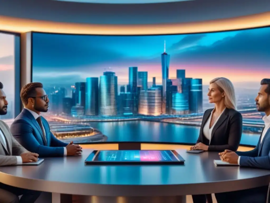 Inversores analizan mercado inmobiliario en holograma futurista Inversores inmobiliarios en crisis analizan datos en holograma futurista en elegante sala de juntas